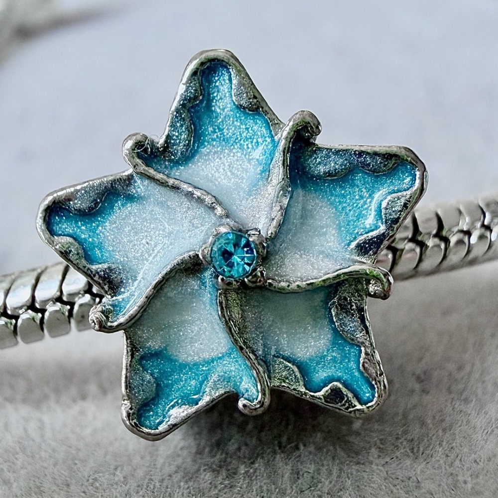Blue Enamel Flower Crystal Charm‎ Silver Tone Floral Bead fits PANDORA